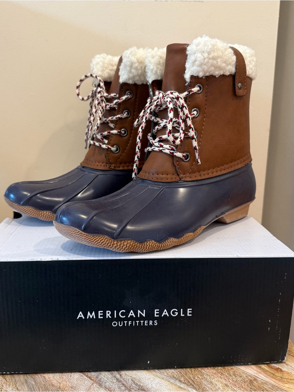 American Eagle Outfitters Brown & Navy Faux-Shearling Lace-Up Duck Boots